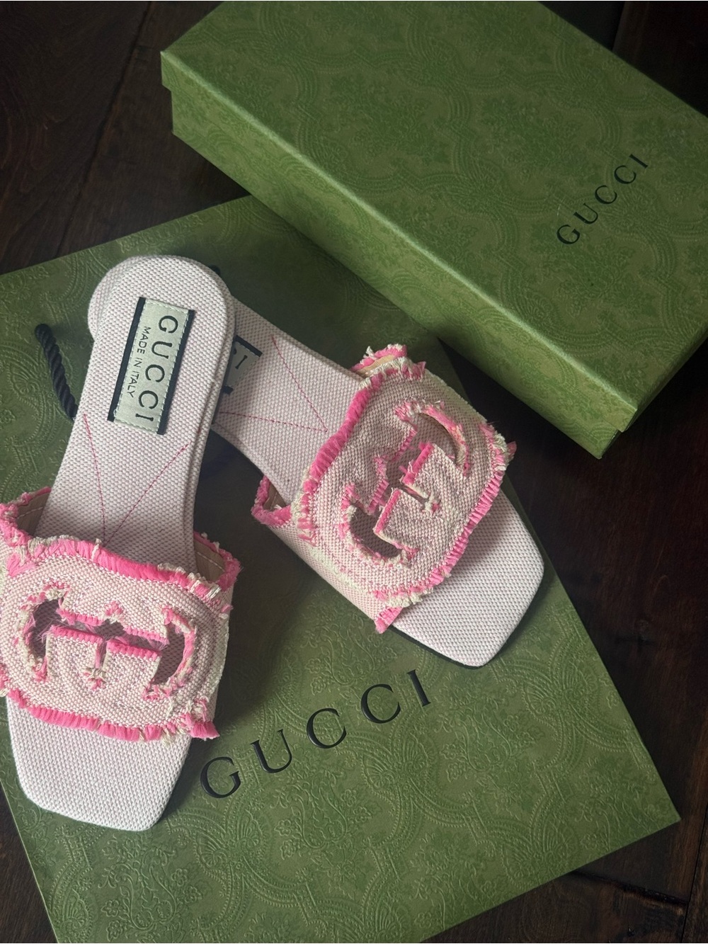 Gucci Pink Frayed Canvas Slide Mules - Picture 2 of 4